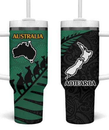 Australia New Zealand Rugby Aboriginal Wallabies And Maori Black Fern Green Custom Stanley Quencher 40Oz Stainless Steel Tumbler With Handle