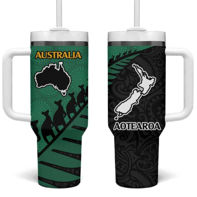 Australia New Zealand Rugby Aboriginal Wallabies And Maori Black Fern Green Custom Stanley Quencher 40Oz Stainless Steel Tumbler With Handle