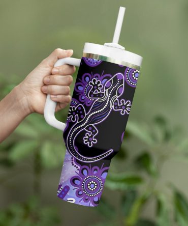 Australia Opal Aussie Lizard With Aboriginal Art #8211; Purple Custom Stanley Quencher 40Oz Stainless Steel Tumbler With Handle