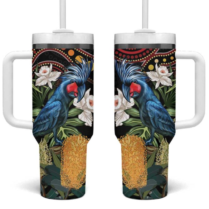 Australia Palm Cockatoo Aussie Banksia #8211; Aboriginal Pattern Custom Stanley Quencher 40Oz Stainless Steel Tumbler With Handle - Image 2