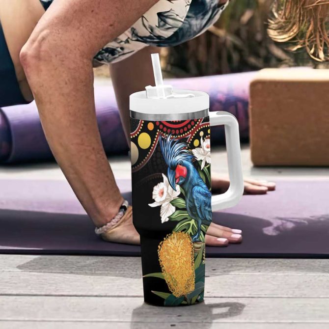 Australia Palm Cockatoo Aussie Banksia #8211; Aboriginal Pattern Custom Stanley Quencher 40Oz Stainless Steel Tumbler With Handle - Image 6