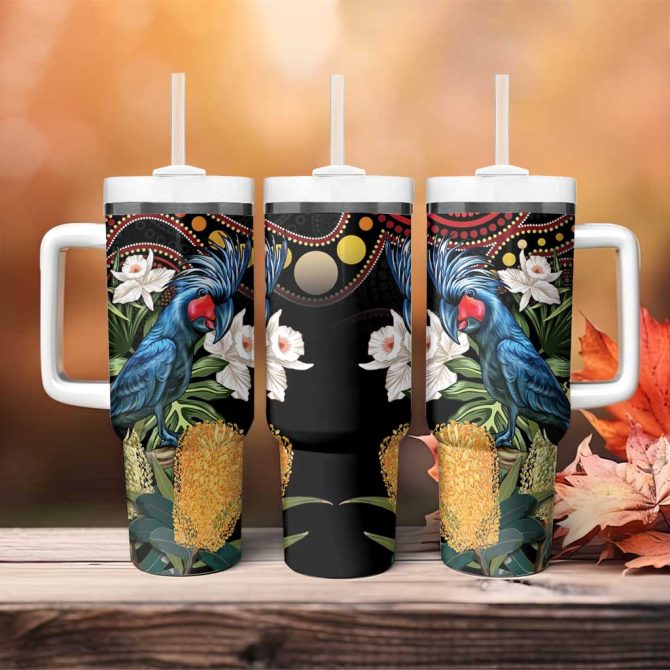 Australia Palm Cockatoo Aussie Banksia #8211; Aboriginal Pattern Custom Stanley Quencher 40Oz Stainless Steel Tumbler With Handle