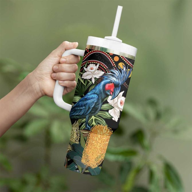 Australia Palm Cockatoo Aussie Banksia #8211; Aboriginal Pattern Custom Stanley Quencher 40Oz Stainless Steel Tumbler With Handle - Image 4
