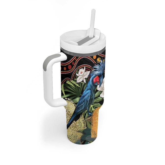 Australia Palm Cockatoo Aussie Banksia #8211; Aboriginal Pattern Custom Stanley Quencher 40Oz Stainless Steel Tumbler With Handle - Image 3