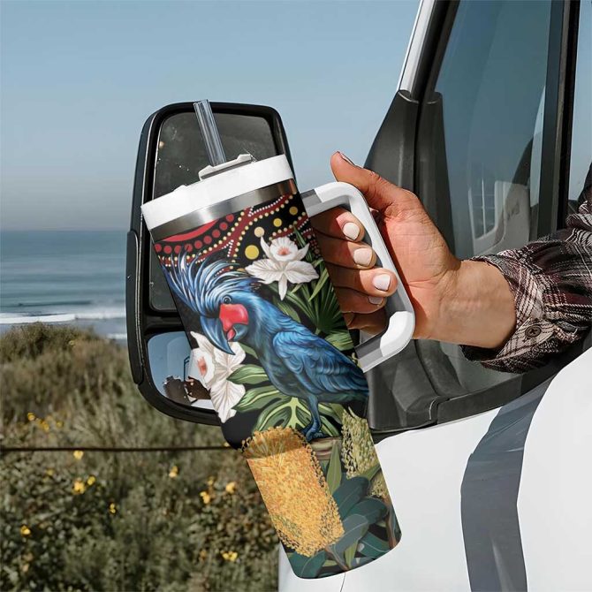 Australia Palm Cockatoo Aussie Banksia #8211; Aboriginal Pattern Custom Stanley Quencher 40Oz Stainless Steel Tumbler With Handle - Image 7
