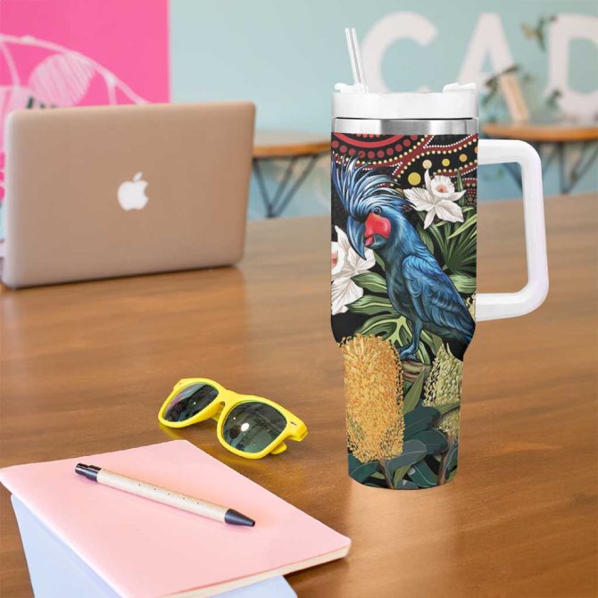 Australia Palm Cockatoo Aussie Banksia #8211; Aboriginal Pattern Custom Stanley Quencher 40Oz Stainless Steel Tumbler With Handle - Image 5