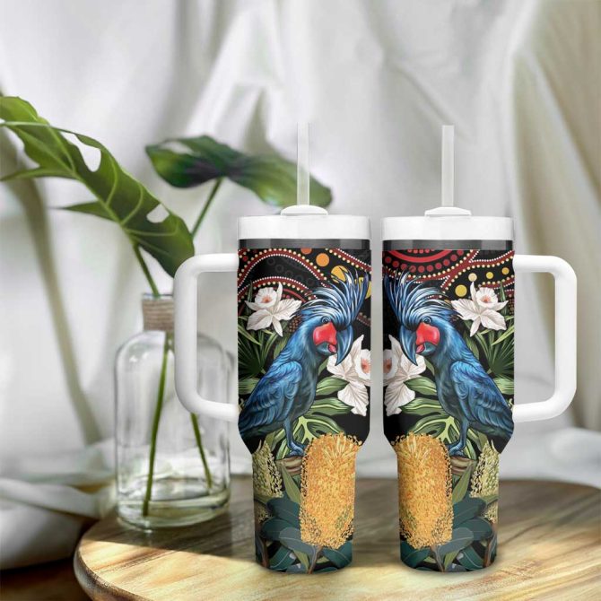 Australia Palm Cockatoo Aussie Banksia #8211; Aboriginal Pattern Custom Stanley Quencher 40Oz Stainless Steel Tumbler With Handle - Image 9