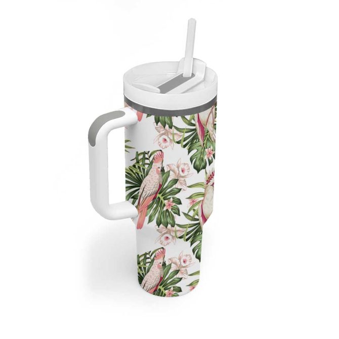 Australia Pink Cockatoo Aussie Orchids #8211; Seamless Pattern Custom Stanley Quencher 40Oz Stainless Steel Tumbler With Handle - Image 3
