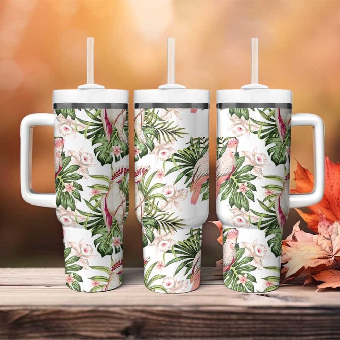 Australia Pink Cockatoo Aussie Orchids #8211; Seamless Pattern Custom Stanley Quencher 40Oz Stainless Steel Tumbler With Handle