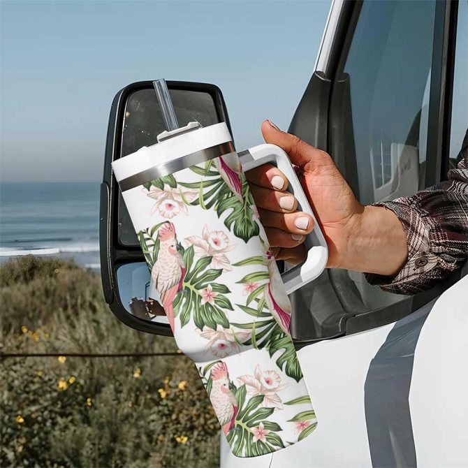 Australia Pink Cockatoo Aussie Orchids #8211; Seamless Pattern Custom Stanley Quencher 40Oz Stainless Steel Tumbler With Handle - Image 7