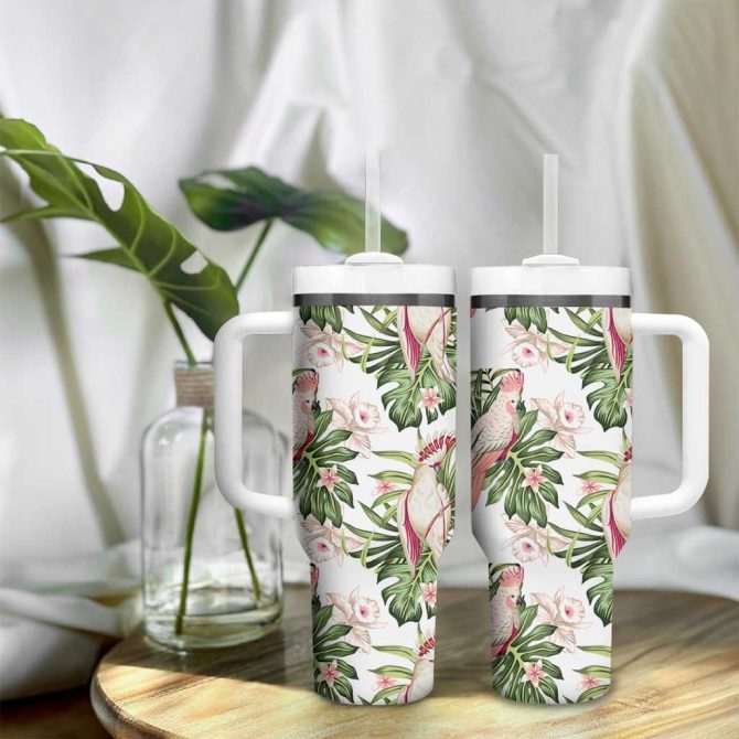 Australia Pink Cockatoo Aussie Orchids #8211; Seamless Pattern Custom Stanley Quencher 40Oz Stainless Steel Tumbler With Handle - Image 9