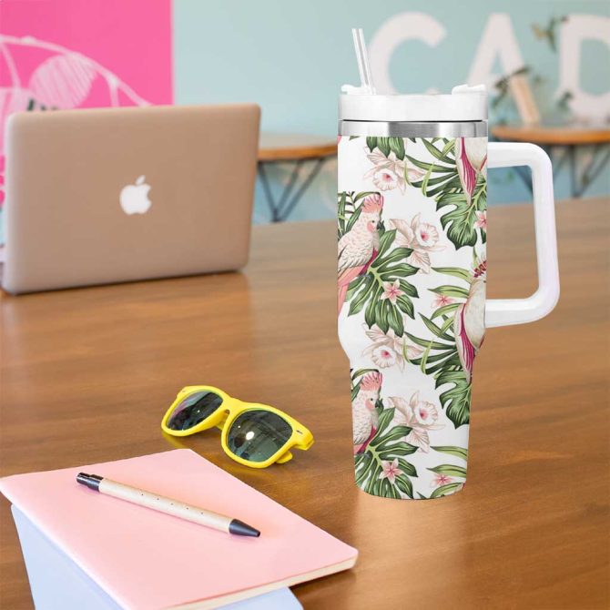 Australia Pink Cockatoo Aussie Orchids #8211; Seamless Pattern Custom Stanley Quencher 40Oz Stainless Steel Tumbler With Handle - Image 5
