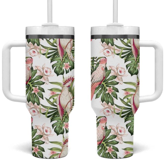 Australia Pink Cockatoo Aussie Orchids #8211; Seamless Pattern Custom Stanley Quencher 40Oz Stainless Steel Tumbler With Handle - Image 2