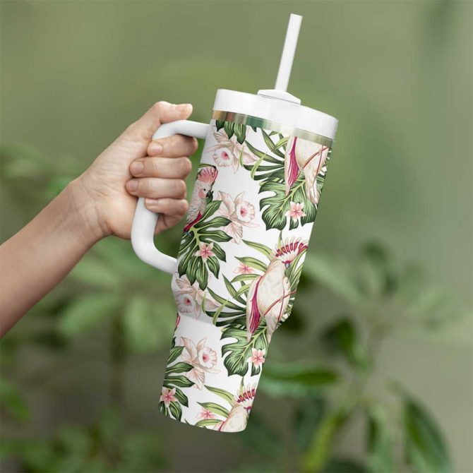 Australia Pink Cockatoo Aussie Orchids #8211; Seamless Pattern Custom Stanley Quencher 40Oz Stainless Steel Tumbler With Handle - Image 4