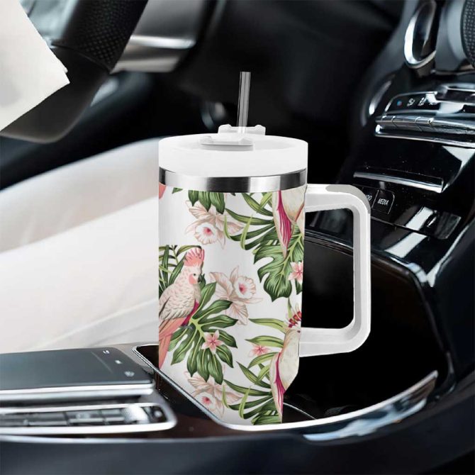 Australia Pink Cockatoo Aussie Orchids #8211; Seamless Pattern Custom Stanley Quencher 40Oz Stainless Steel Tumbler With Handle - Image 8