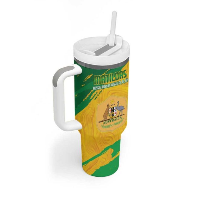 Australia Soccer 2025 Go Matildas Marble Grunge Style Custom Stanley Quencher 40Oz Stainless Steel Tumbler With Handle - Image 3