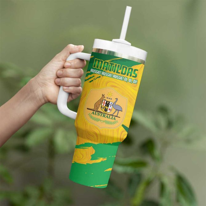 Australia Soccer 2025 Go Matildas Marble Grunge Style Custom Stanley Quencher 40Oz Stainless Steel Tumbler With Handle - Image 4