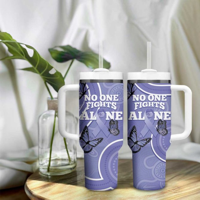 Australia Stomach Cancer Awareness No One Fights Alone Aboriginal Art Custom Stanley Quencher 40Oz Stainless Steel Tumbler With Handle - Image 9