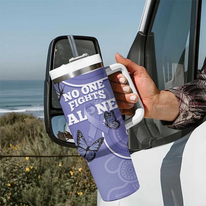 Australia Stomach Cancer Awareness No One Fights Alone Aboriginal Art Custom Stanley Quencher 40Oz Stainless Steel Tumbler With Handle - Image 7