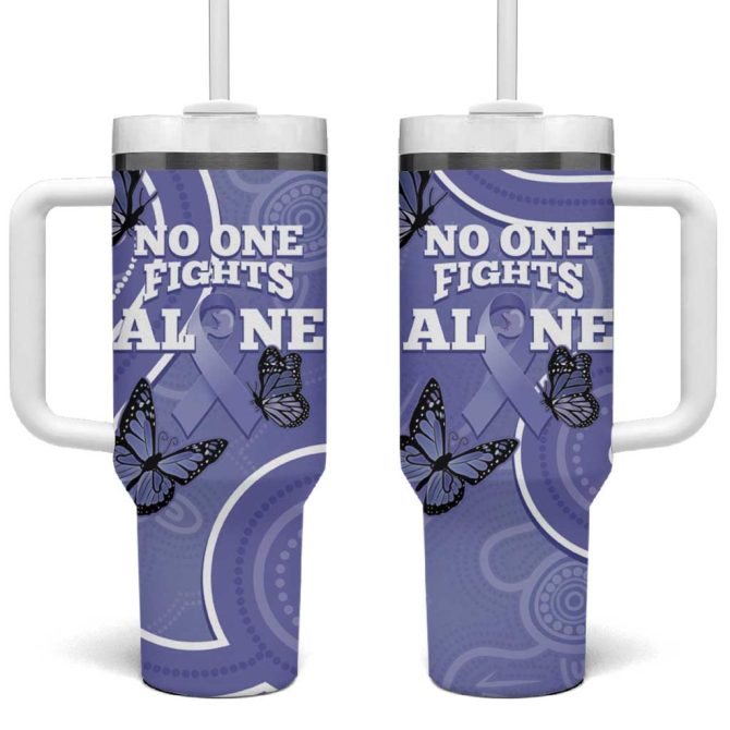 Australia Stomach Cancer Awareness No One Fights Alone Aboriginal Art Custom Stanley Quencher 40Oz Stainless Steel Tumbler With Handle - Image 2