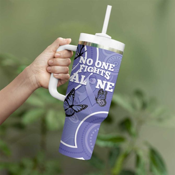 Australia Stomach Cancer Awareness No One Fights Alone Aboriginal Art Custom Stanley Quencher 40Oz Stainless Steel Tumbler With Handle - Image 4
