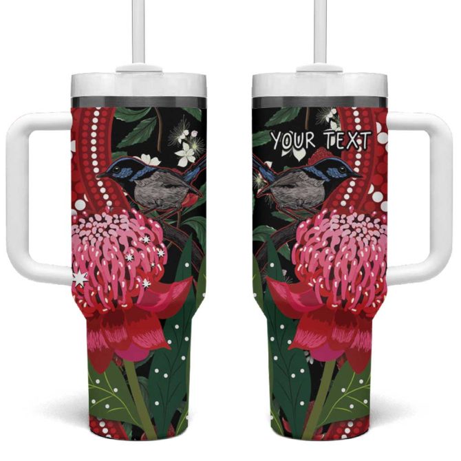 Australia Waratah With Superb Fairywren Aboriginal Art Custom Stanley Quencher 40Oz Stainless Steel Tumbler With Handle - Image 2