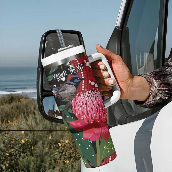 Australia Waratah With Superb Fairywren Aboriginal Art Custom Stanley Quencher 40Oz Stainless Steel Tumbler With Handle - Image 7