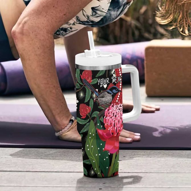 Australia Waratah With Superb Fairywren Aboriginal Art Custom Stanley Quencher 40Oz Stainless Steel Tumbler With Handle - Image 6