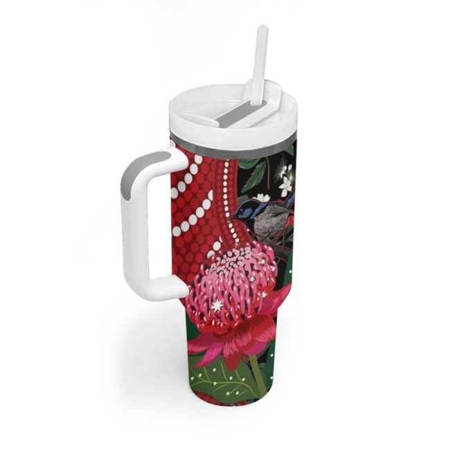Australia Waratah With Superb Fairywren Aboriginal Art Custom Stanley Quencher 40Oz Stainless Steel Tumbler With Handle - Image 3