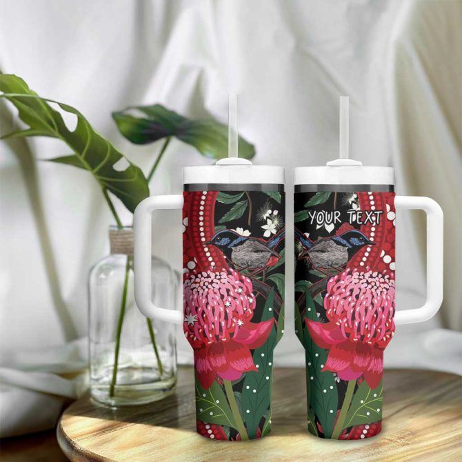 Australia Waratah With Superb Fairywren Aboriginal Art Custom Stanley Quencher 40Oz Stainless Steel Tumbler With Handle - Image 9