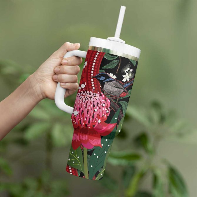 Australia Waratah With Superb Fairywren Aboriginal Art Custom Stanley Quencher 40Oz Stainless Steel Tumbler With Handle - Image 4
