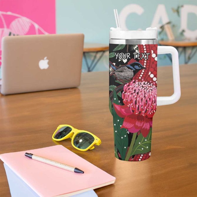 Australia Waratah With Superb Fairywren Aboriginal Art Custom Stanley Quencher 40Oz Stainless Steel Tumbler With Handle - Image 5