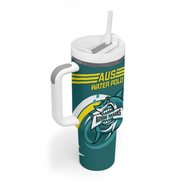 Australia Water Polo 2024 Aussie Shark Sporty Version Custom Stanley Quencher 40Oz Stainless Steel Tumbler With Handle - Image 3