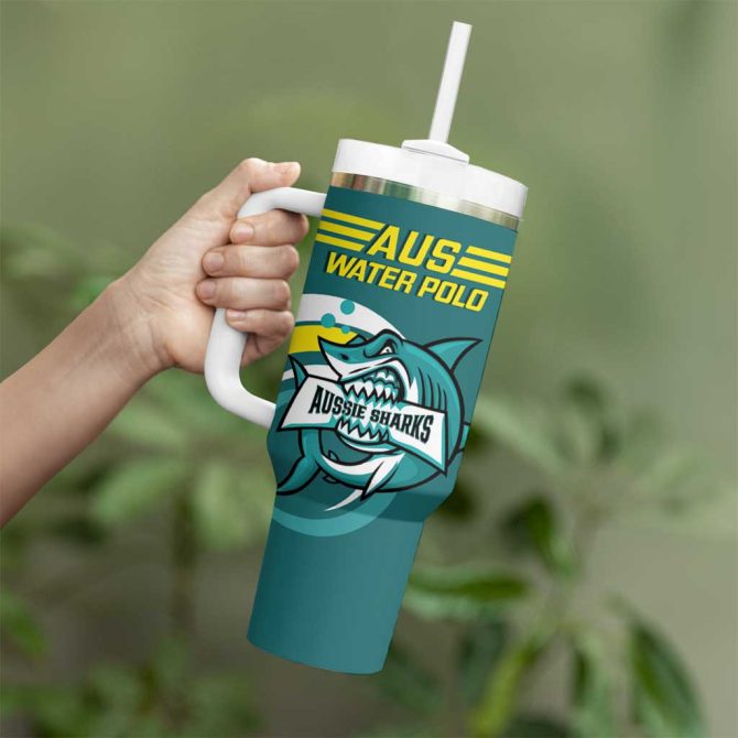 Australia Water Polo 2024 Aussie Shark Sporty Version Custom Stanley Quencher 40Oz Stainless Steel Tumbler With Handle - Image 4