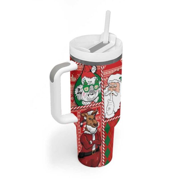 Australian Christmas Santa Koala Kangaroo And Holiday Cheer Custom Stanley Quencher 40Oz Stainless Steel Tumbler With Handle - Image 2