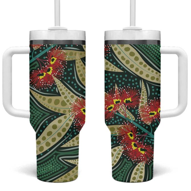 Australian Native Eucalyptus Plant Aboriginal Dot Art Custom Stanley Quencher 40Oz Stainless Steel Tumbler With Handle - Image 2