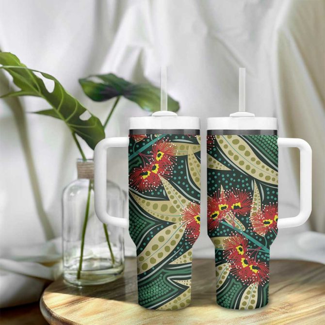Australian Native Eucalyptus Plant Aboriginal Dot Art Custom Stanley Quencher 40Oz Stainless Steel Tumbler With Handle - Image 9