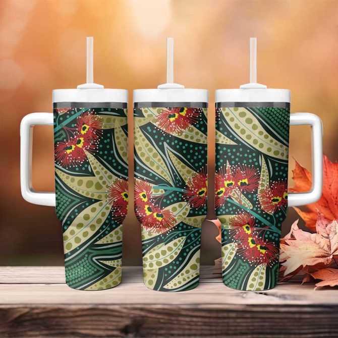 Australian Native Eucalyptus Plant Aboriginal Dot Art Custom Stanley Quencher 40Oz Stainless Steel Tumbler With Handle