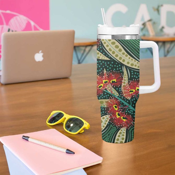 Australian Native Eucalyptus Plant Aboriginal Dot Art Custom Stanley Quencher 40Oz Stainless Steel Tumbler With Handle - Image 5