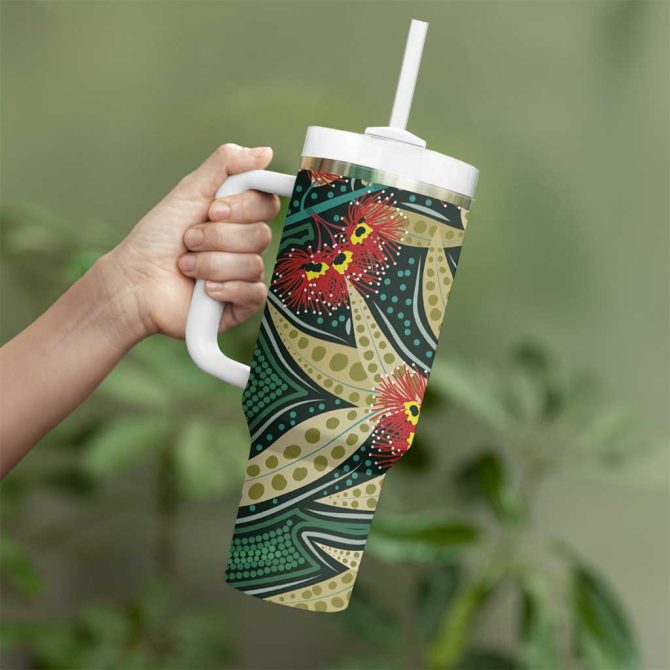 Australian Native Eucalyptus Plant Aboriginal Dot Art Custom Stanley Quencher 40Oz Stainless Steel Tumbler With Handle - Image 4