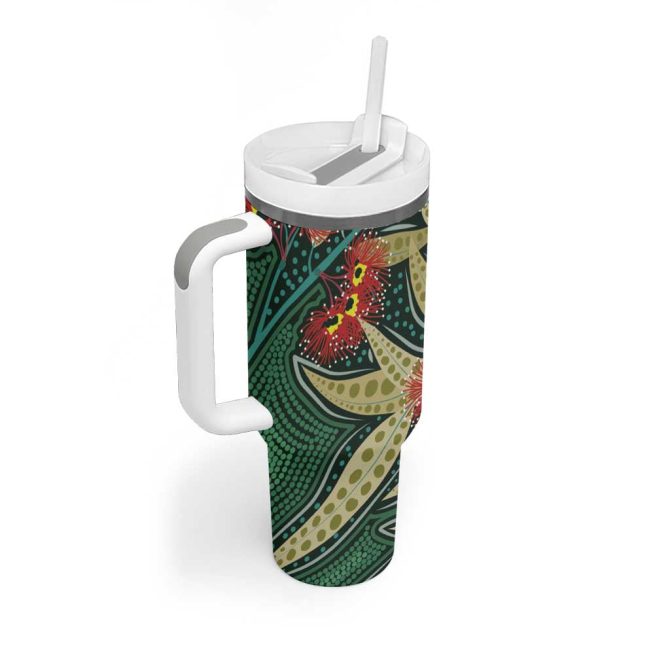 Australian Native Eucalyptus Plant Aboriginal Dot Art Custom Stanley Quencher 40Oz Stainless Steel Tumbler With Handle - Image 3