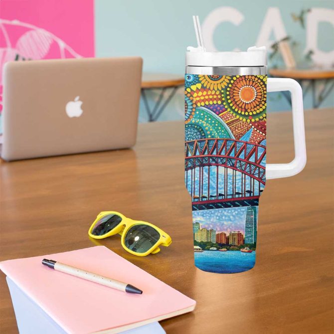 Australian Sydney Harbour Bridge Aboriginal Dot Art Custom Stanley Quencher 40Oz Stainless Steel Tumbler With Handle - Image 5
