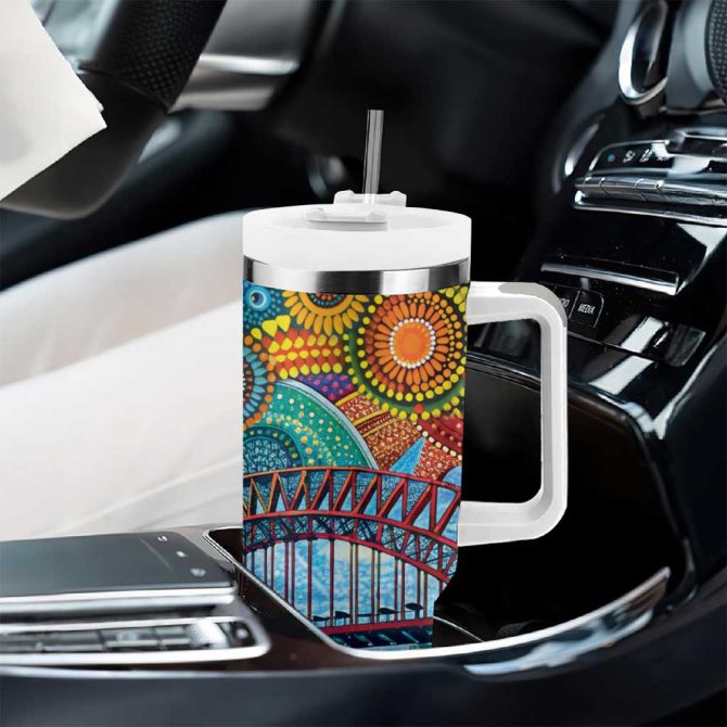 Australian Sydney Harbour Bridge Aboriginal Dot Art Custom Stanley Quencher 40Oz Stainless Steel Tumbler With Handle - Image 8