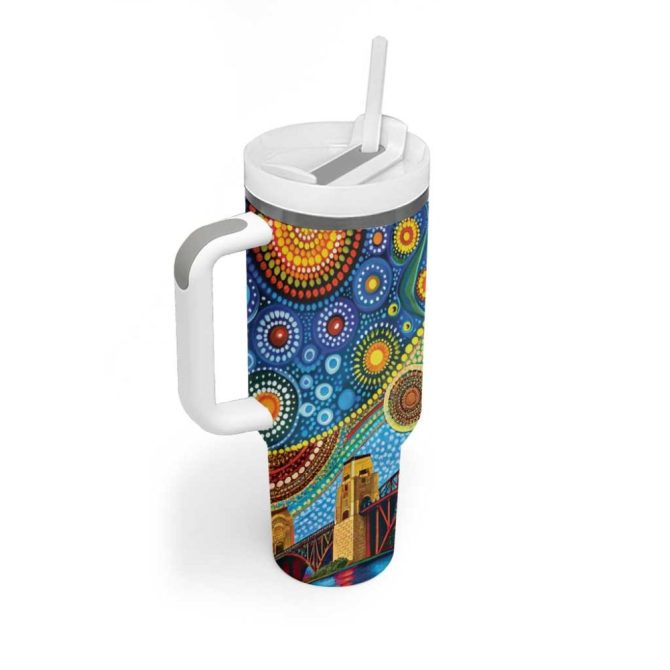 Australian Sydney Harbour Bridge Aboriginal Dot Art Custom Stanley Quencher 40Oz Stainless Steel Tumbler With Handle - Image 3