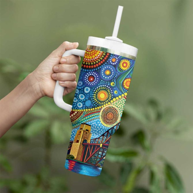 Australian Sydney Harbour Bridge Aboriginal Dot Art Custom Stanley Quencher 40Oz Stainless Steel Tumbler With Handle - Image 4