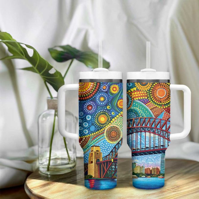 Australian Sydney Harbour Bridge Aboriginal Dot Art Custom Stanley Quencher 40Oz Stainless Steel Tumbler With Handle - Image 9