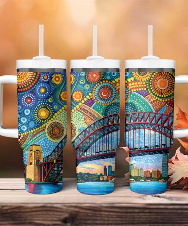Australian Sydney Harbour Bridge Aboriginal Dot Art Custom Stanley Quencher 40Oz Stainless Steel Tumbler With Handle