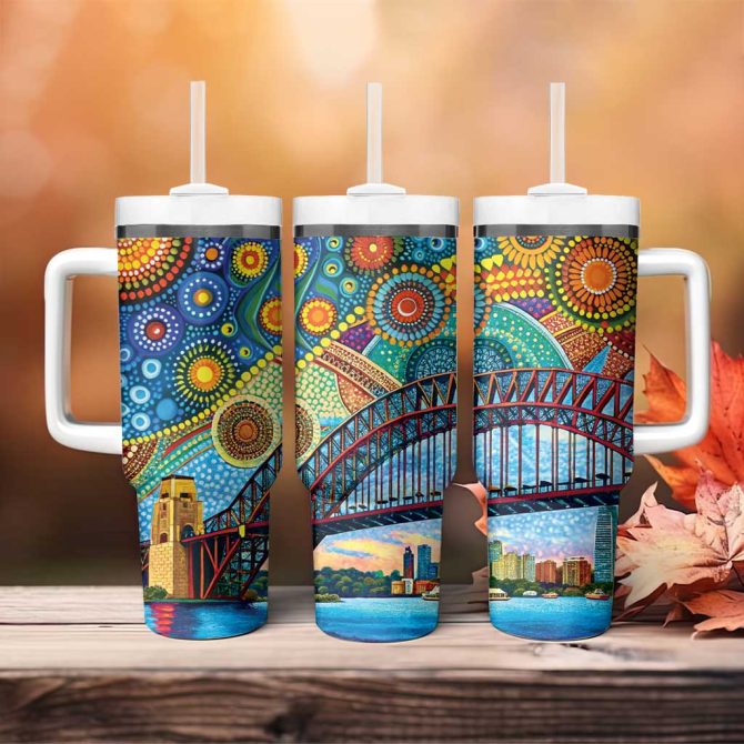 Australian Sydney Harbour Bridge Aboriginal Dot Art Custom Stanley Quencher 40Oz Stainless Steel Tumbler With Handle