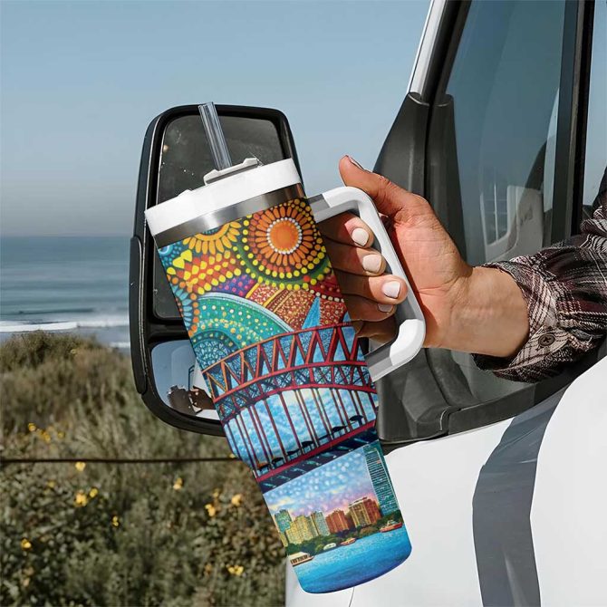 Australian Sydney Harbour Bridge Aboriginal Dot Art Custom Stanley Quencher 40Oz Stainless Steel Tumbler With Handle - Image 7