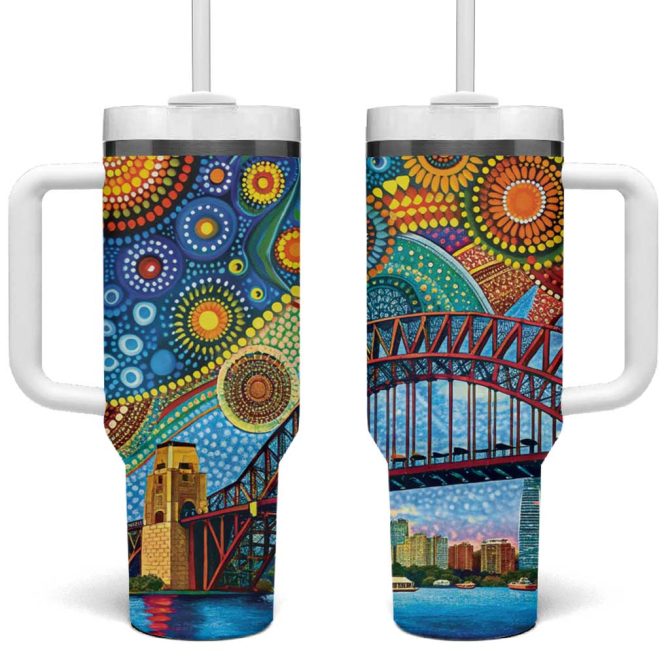 Australian Sydney Harbour Bridge Aboriginal Dot Art Custom Stanley Quencher 40Oz Stainless Steel Tumbler With Handle - Image 2